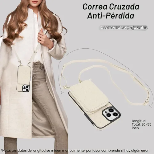Vista 6 de Bocasal Funda tipo cartera cruzada para iPhone 13 Pro Max, bloqueo RFID de cuero PU con cremallera, bolso cartera con tapa plegable, funda tipo Beige