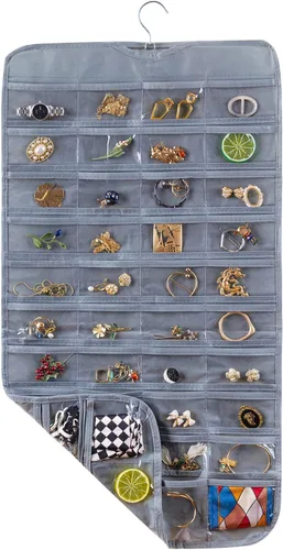 Vista 17 de Bloss Organizador colgante de joyas con 80 bolsillos, colgador de joyas de doble cara para almacenamiento de joyas y aretes, organizadores de joyas