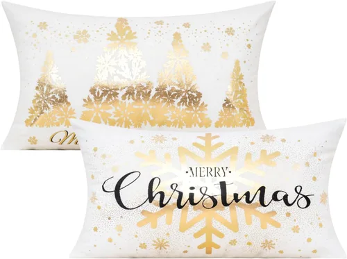 Vista 6 de All Smiles Fundas de Almohadas Decorativas Negras de Navidad Doradas Fundas de Navidad Decoraciones 12X20 Juego de 2 Decoración Interior Hogar