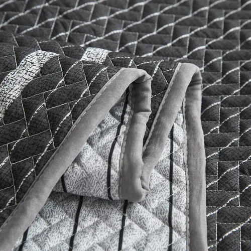 Vista 2 de Flysheep Juego de edredón bohemio gris oscuro tamaño individual para niños, 2 piezas de edredón reversible a rayas blancas sobre negro, colcha