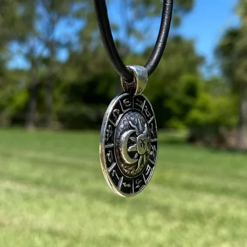 Vista 6 de Greek Zodiac Calendar Necklace - Green Patina Jewelry, Men Moon and Sun Pendant, Women and Girl Choker, Antique Boho Charm, Best Friend Nativa