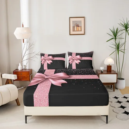 Vista 5 de Castle Fairy Juego de sábanas con lazo, juego de sábanas de diamante con purpurina para niños, juego de ropa de cama rosa y negro para niños