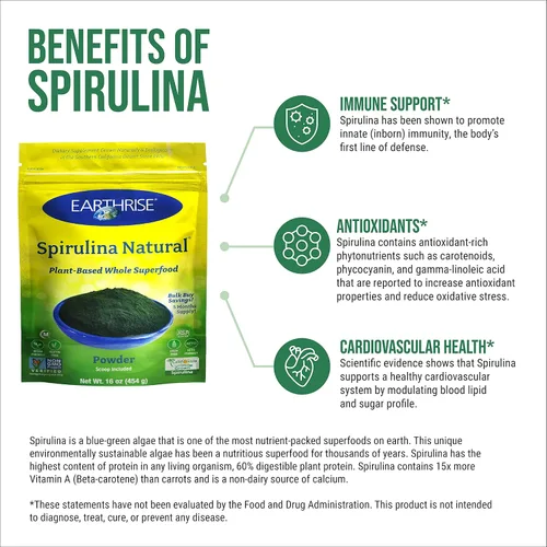 Vista 3 de Earthrise Spirulina Polvo natural de 16 onzas, espirulina natural premium de California, vegano, sin gluten, apto para ceto, sin OMG, súper alimento