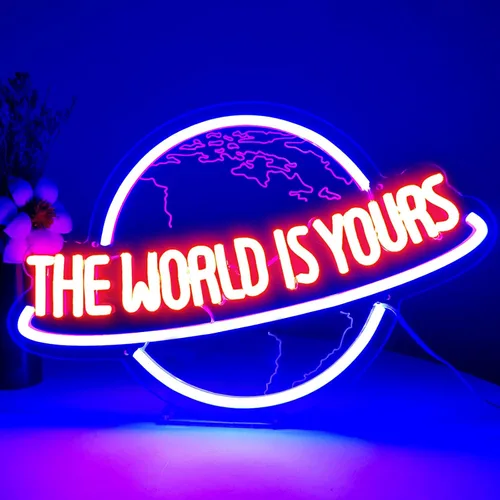 Vista 7 de Letrero de neón The World Is Yours, regulador remoto, planeta, lámpara de luz de neón LED para decoración de pared, alimentación USB para hombre