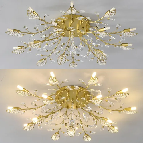 Vista 9 de Lámpara de techo de cristal, lámpara de flores, luces de techo semiempotradas de hojas doradas, accesorios de iluminación de cocina para dormitorio