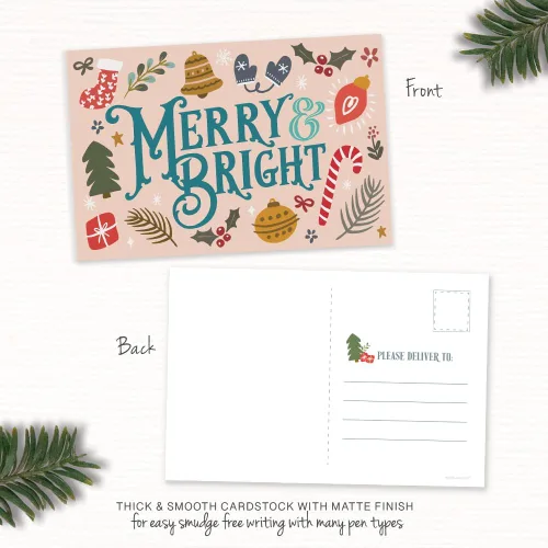 Vista 3 de m&h invites Merry & Bright Postales navideñas saludos navideños – Bonitas postales ilustradas para el invierno – 50