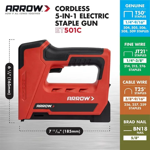 Vista 2 de Arrow ET501C - Pistola profesional inalámbrica 5 en 1 para grapas y clavos, grapadora de alambre y clavadora de clavos a batería para tapicería