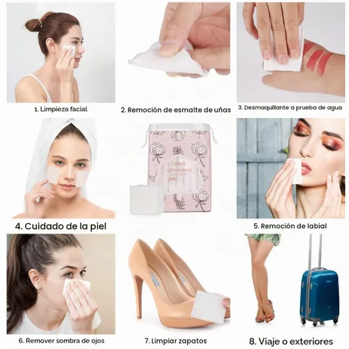 Vista 3 de Almohadillas de algodón, almohadillas para eliminar maquillaje facial de labios y ojos, 100% algodón puro, cuadrados de algodón cosmético eficaz