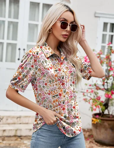 Vista 3 de Micoson Blusas para mujer, estilo casual, de manga corta, con botones, cuello redondo, holgada, túnica de verano 2023