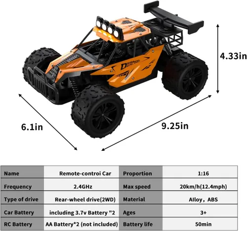 Vista 2 de Coche de control remoto Monster Truck Juguetes a escala 1:16 RC Car para niños 2.4GHz de alta velocidad 12.4 mi/h con faros LED, autos RC Negro