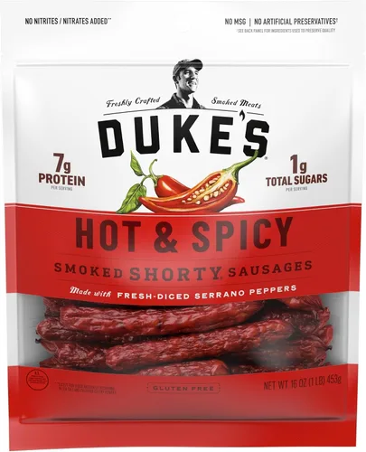 Vista 11 de Duke”s Salchichas cortas ahumadas de chile verde Hatch, sin gluten, < 0.04 onzas de azúcar total, 16 onzas