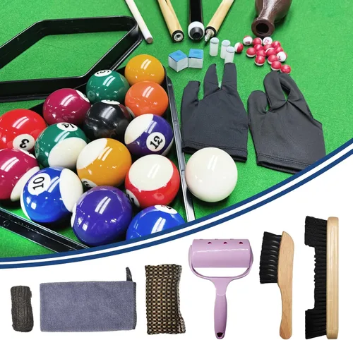 Vista 6 de Juego de 95 accesorios para mesa de billar: bolas, triángulo, estante, taco, tiza, puntas, calcomanías, paño, cepillo y limpiador
