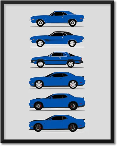 Vista 23 de Custom Car Posters Póster hecho a mano compatible con Dodge Challenger Generations e impresión de Challenger SRT, multicolor, impresión metálica