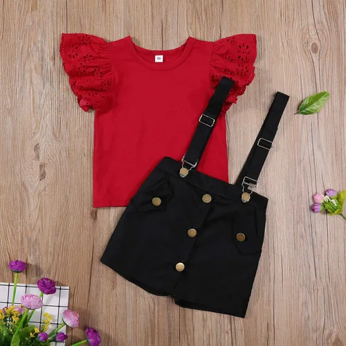 Vista 2 de Conjunto de falda de verano para bebé y niña, manga con volantes, camiseta + pantalones cortos, falda casual para niños