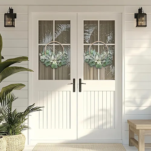 Vista 4 de TEMPUS 2 coronas artificiales de eucalipto de 16 pulgadas, hechas a mano con cuentas de madera y orejas de cordero para puerta delantera, decoración