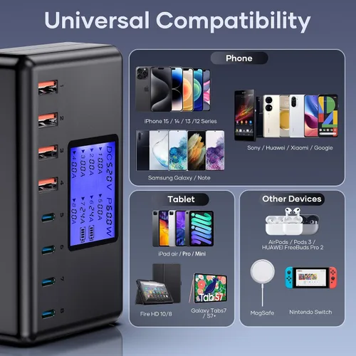 Vista 4 de Estación de carga de 152 W, concentrador de cargador USB-C y USB-A de 8 puertos, 20 W 4 x USB-C y 18 W 4 x USB-A, compatible con iPhone 15/14/13