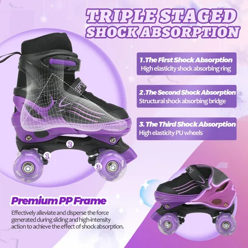 Vista 5 de Patines para niños y niñas, niños principiantes, 4 tamaños ajustables, patines cuádruples para niños y jóvenes, con ruedas iluminadas para deportes