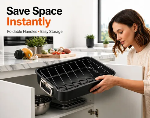 Vista 9 de Moss & Stone Cacerola para asar de acero al carbono con juego de estante de asado removible en forma de "V", bandeja para asar rectangular de 16.5