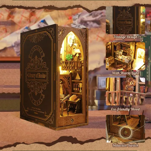 Vista 3 de Kit de Rincón de Libros, MOJINO Rompecabezas 3D en Miniatura DIY Sujetalibros de Madera Casa de Muñecas con Luces LED para Decoración de Estantería