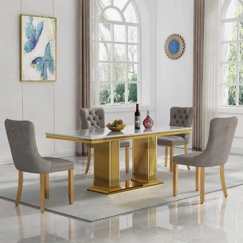 Vista 49 de HomVent Juego de mesa de comedor moderna de mármol sintético para 4 personas, mesa de cocina rectangular con 4 sillas beige (dorado)
