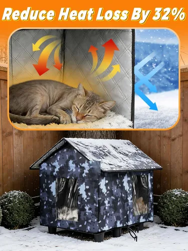 Vista 3 de Casa elevada aislada para gatos al aire libre resistente a la intemperie, 20 x 19 x 17 pulgadas, parte superior de PVC impermeable y forro
