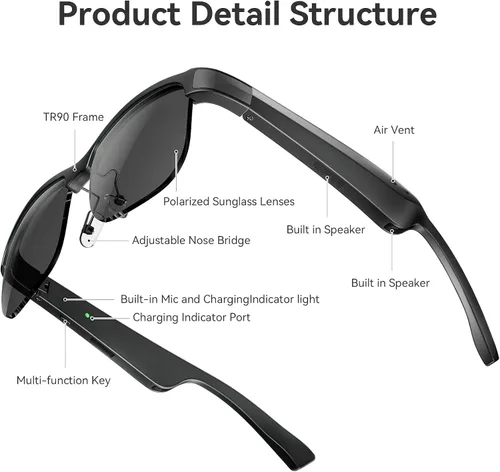 Vista 8 de Lentes inteligentes, lentes de sol polarizados con Bluetooth, micrófono y altavoces integrados, asistente de voz, protección UV, gafas Bluetooth