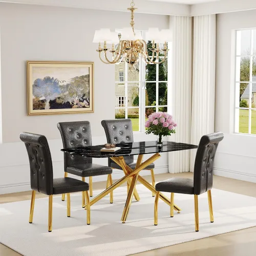 Vista 32 de Juego de mesa de comedor moderna para mesa de comedor negra de 4,63 pulgadas, juego de 4 con patas de metal dorado, mesa de cocina rectangular