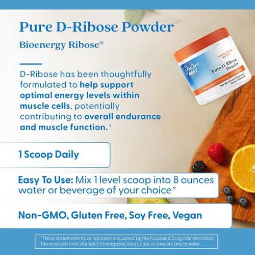 Vista 5 de Doctor's Best Pure D Ribosa - Suplemento en polvo para hombres y mujeres, apoya la producción de energía ATP en corazón y músculo, apoyo de salud