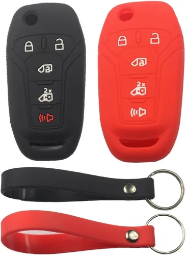 Vista 8 de 2 fundas protectoras de silicona de goma negra con 5 botones para llave de control remoto inteligente sin llave con llavero compatible con Ford 2