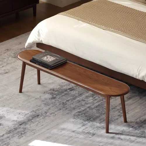 Vista 10 de Banco de entrada de madera de roble macizo de 47 pulgadas, banco de comedor con diseño redondeado en forma de baguette, banco de madera multiusos