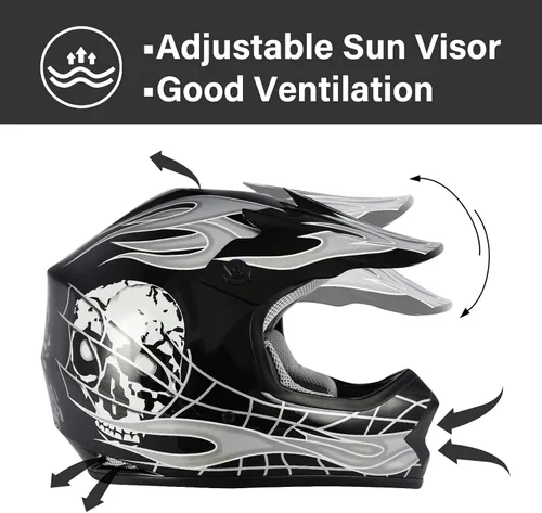 Vista 3 de TCMT Casco de motocross para niños y jóvenes, color negro, casco de motocross, motocross, moto de calle, karting, BMX, MX, ATV, casco de cara