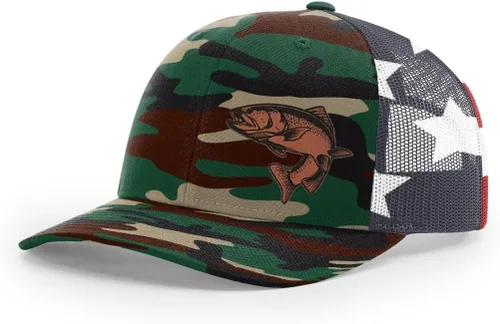 Vista 17 de Sombrero de pesca de trucha con parche de cuero grabado láser Richardson 112 Snapback Trucker Cap