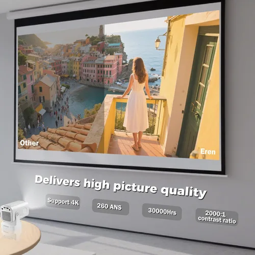 Vista 3 de Mini proyector con WiFi y Bluetooth, proyector portátil de 260 Ansi Proyector de película nativo 1080P, Keystone automático, altavoz de 5 W, soporte