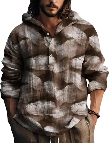 Vista 16 de Sudadera con capucha para hombre, con estampado de plumas, manga larga, 3 botones, a la moda, casual, para otoño, cómoda y suave