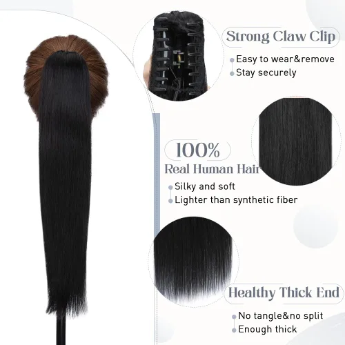 Vista 31 de Rich Choices Extensión de cola de caballo con clip de garra, cabello humano real, una pieza, extensiones de cabello largo Remy para mujer, #18P613