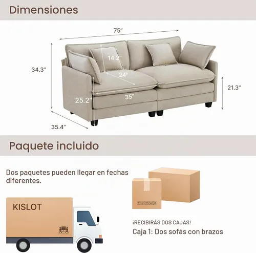 Vista 2 de KISLOT Sofá modular modular de gran tamaño de 74.4 pulgadas con 4 almohadas Sofá nube, cojines dobles, asientos profundos, sala de estar Arena