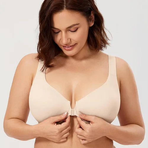 Vista 4 de CALVENA Brasier de cobertura completa con aros y soporte cómodo, espalda cruzada, cierre frontal para mujer