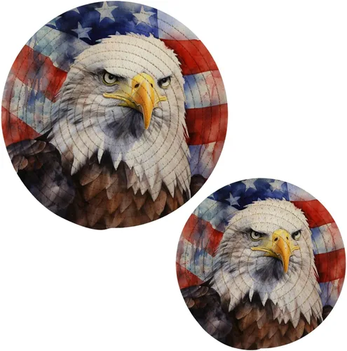 Vista 7 de Naanle Juego de 2 salvamanteles tejidos para ollas, 4 de julio, bandera de Estados Unidos, estrellas florales azules, manteles individuales redondos