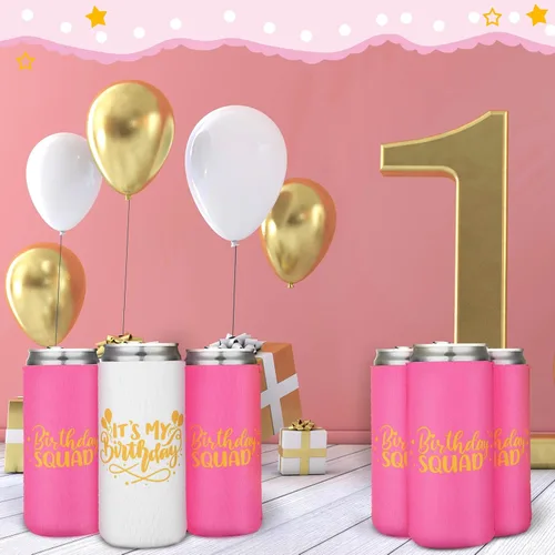 Vista 4 de Layhit - 10 fundas para enfriar latas de cumpleaños, color blanco, rosa neón