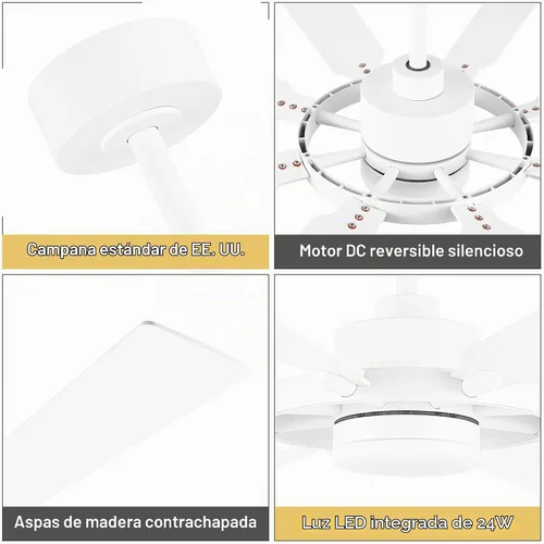 Vista 6 de ELEHINSER Ventilador de techo de 80 pulgadas con luces y 3 varillas, 8 aspas de madera contrachapada, motor de CC reversible silencioso de 6 Blanco