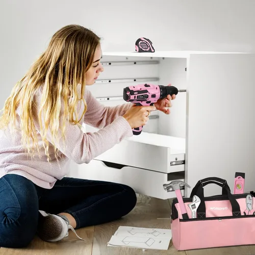 Vista 8 de WORKPRO Taladro inalámbrico rosa de 12 V y kit de herramientas para el hogar, juego de herramientas manuales para bricolaje, mantenimiento