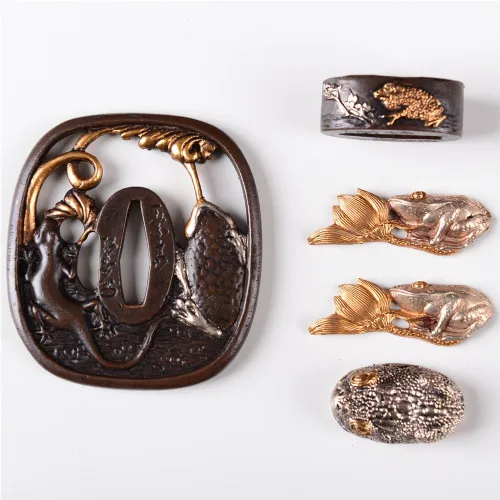 Vista 2 de Gold Silver Plated Brass Tsuba Hand Guard Kashira Fuchi Menuki DIY Sword Handle Mountings