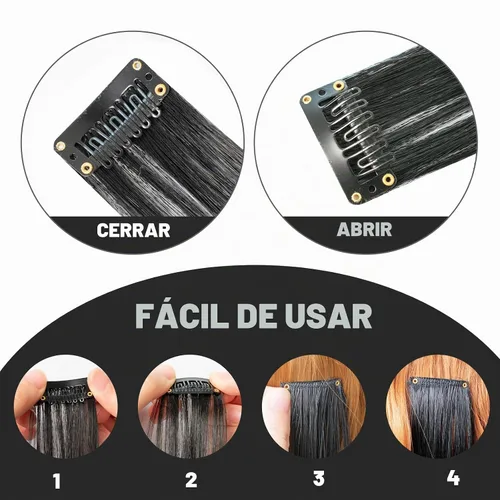 Vista 3 de Extensiones de cabello negro con clip, extensiones sintéticas