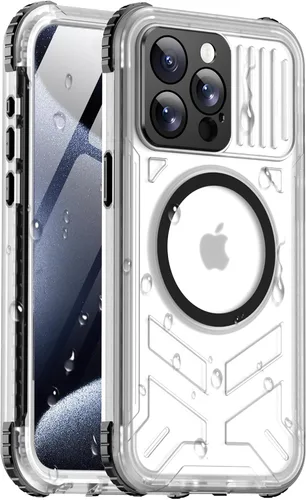 Vista 28 de Funda impermeable para iPhone 15 con Magsafe, protector de pantalla, cordón, IP68 militar de cuerpo completo a prueba de golpes, para deportes Negro