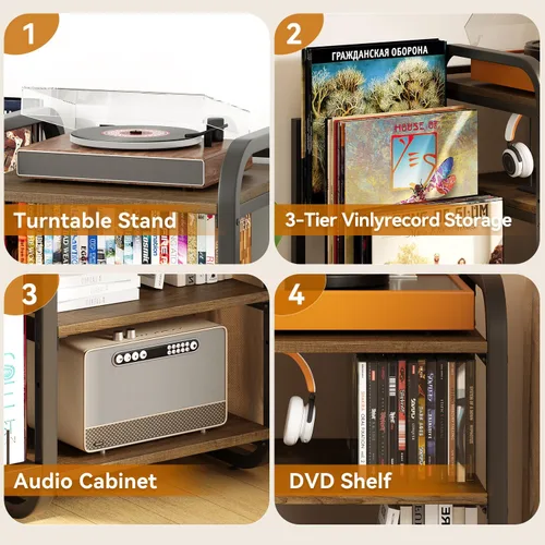 Vista 6 de Soporte para tocadiscos, mesa de almacenamiento de discos de vinilo de 4 niveles, soporte ajustable para tocadiscos, estante de vinilo con capacidad