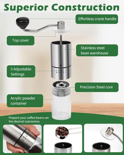 Vista 11 de Molinillo de café manual de acero inoxidable para goteo, prensa francesa, 5 ajustes ajustables, molinillo de café de mano, para uso doméstico