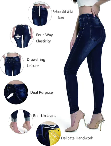 Vista 4 de CJH DREAM Pantalones de mezclilla de algodón con cordón elástico y cordón elástico para mujer, de cintura alta, a la moda, Jeans para mujer