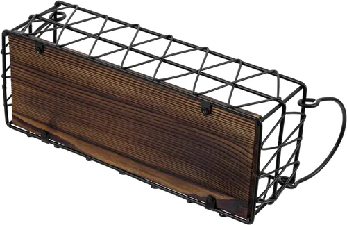 Vista 7 de MyGift 2 cestas de almacenamiento de metal geométrico negro montado en la pared con base rústica de madera quemada maciza, cubos pequeños
