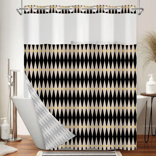 Vista 11 de No Hook Geometric Shower Curtain with Snap in Liner - 71″W x 74″L Waterproof Fabric with Mesh Top Window, Modern Abstract Triangle Design Bath