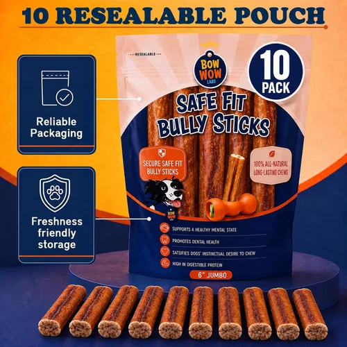 Vista 8 de Bow Wow Labs SafeFit™ Bully Sticks para perros, palitos de carne de res 100% naturales, alimentados con pasto, de bajo olor, masticables de larga